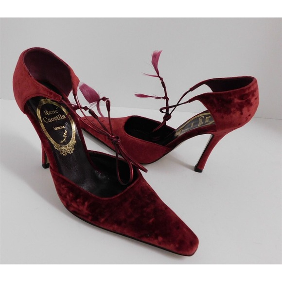 New Rene Caovilla Deep Red Crushed Velvet‎ Ankle Wrap Pumps Italy 36 - Picture 1 of 6